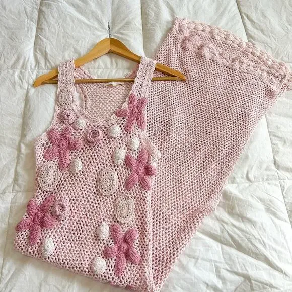 LoveShackFancy Shelburne Crochet Cotton Midi Dress Pink Floral EUC Medium